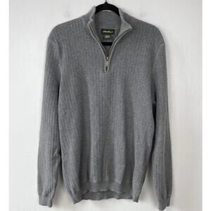 Eddie Bauer Quarter Zip Sweater Gray Pullover 100% Cotton Ribbed 3290 Size Large